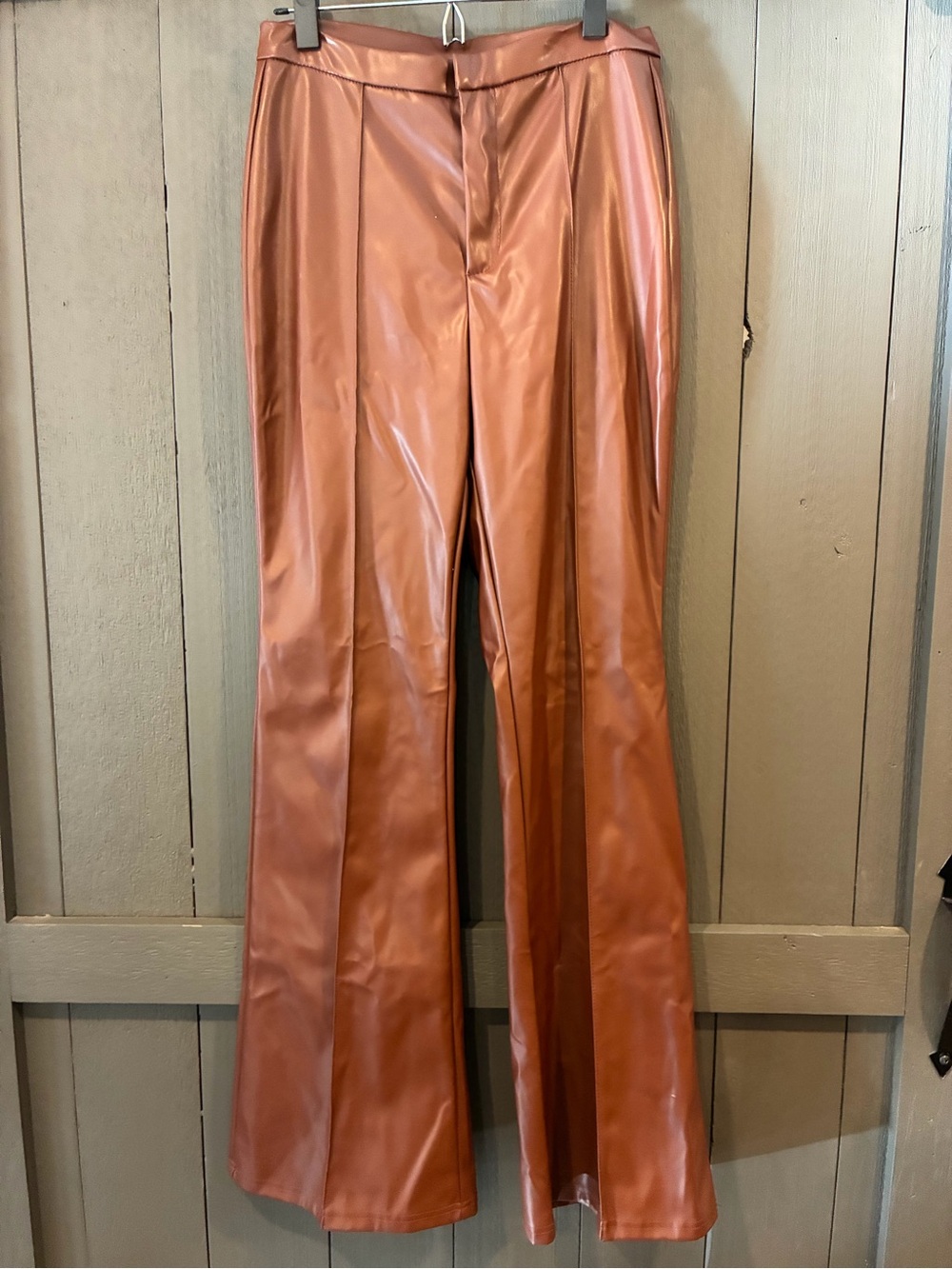 Faux Leather Flare Jeans pants in Copper Long